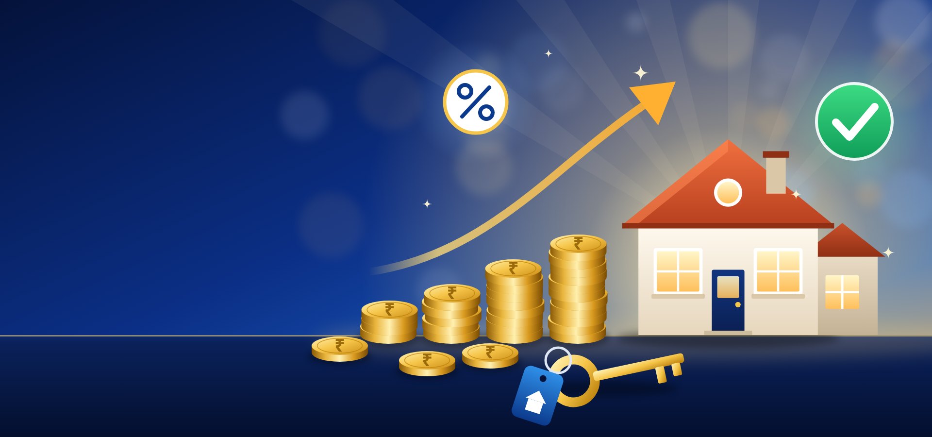 Illustration of a house, coin stacks and a house key